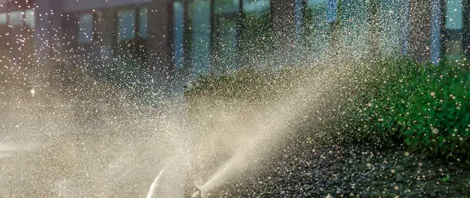 Commercial property in Bondurant, IA with irrigation system watering landscape shrubs.