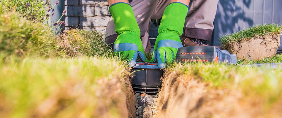 A gloved professional installing an irrigation system in Altoona, IA.