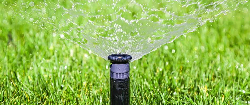 Sprinkler system watering a lawn in Des Moines, IA.