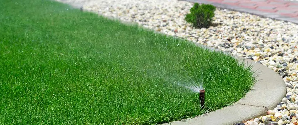Newly installed irrigation system watering a lawn in Ankeny, Iowa.