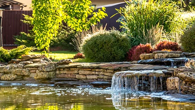 A pond with a waterfall in Bondurant, IA.