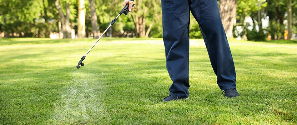 Technician applying treatment to lawn in Bondurant, IA.